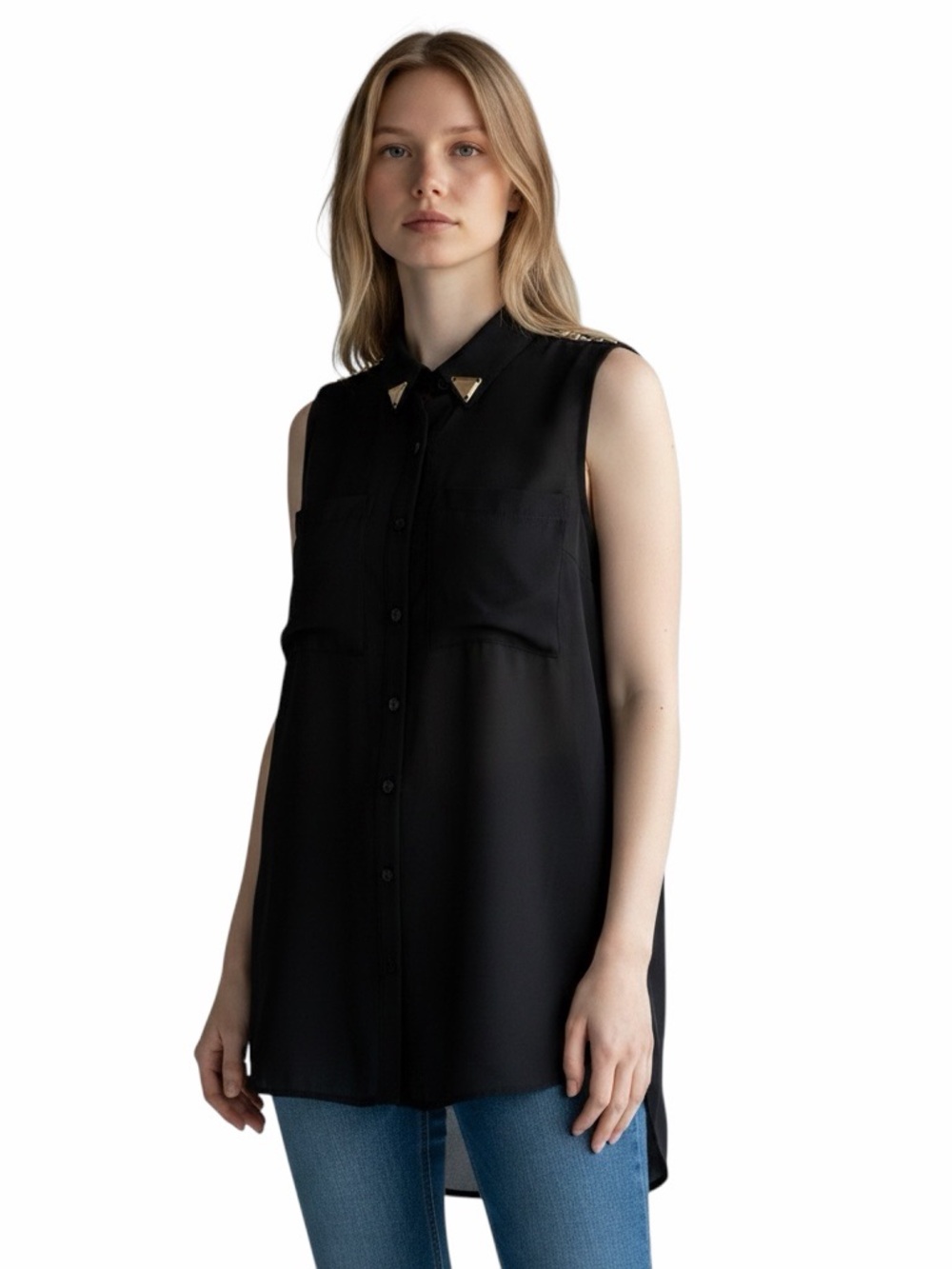 H&M Black Sleeveless Rhinestone Trim Collar Blouse Size 4